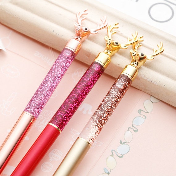 Floating Glitter Pens, Deer Ballpoint Pen, Liquid Glitter Pen, Rose Gold ,  Stationery Gift, Gift for Her, Colorful Pen, Rainbow Color 