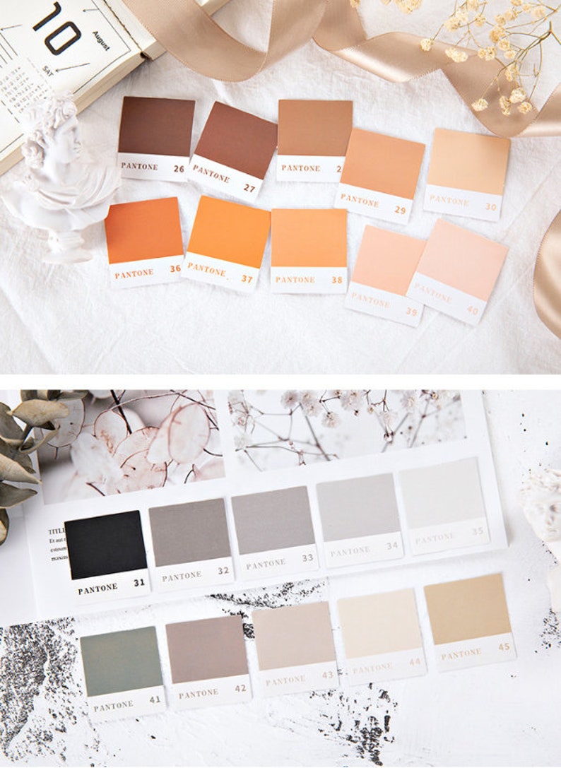 May include: A set of 45 color swatches, labeled with Pantone numbers, arranged in rows on a white surface. The swatches are in various shades of brown, orange, gray, and beige.