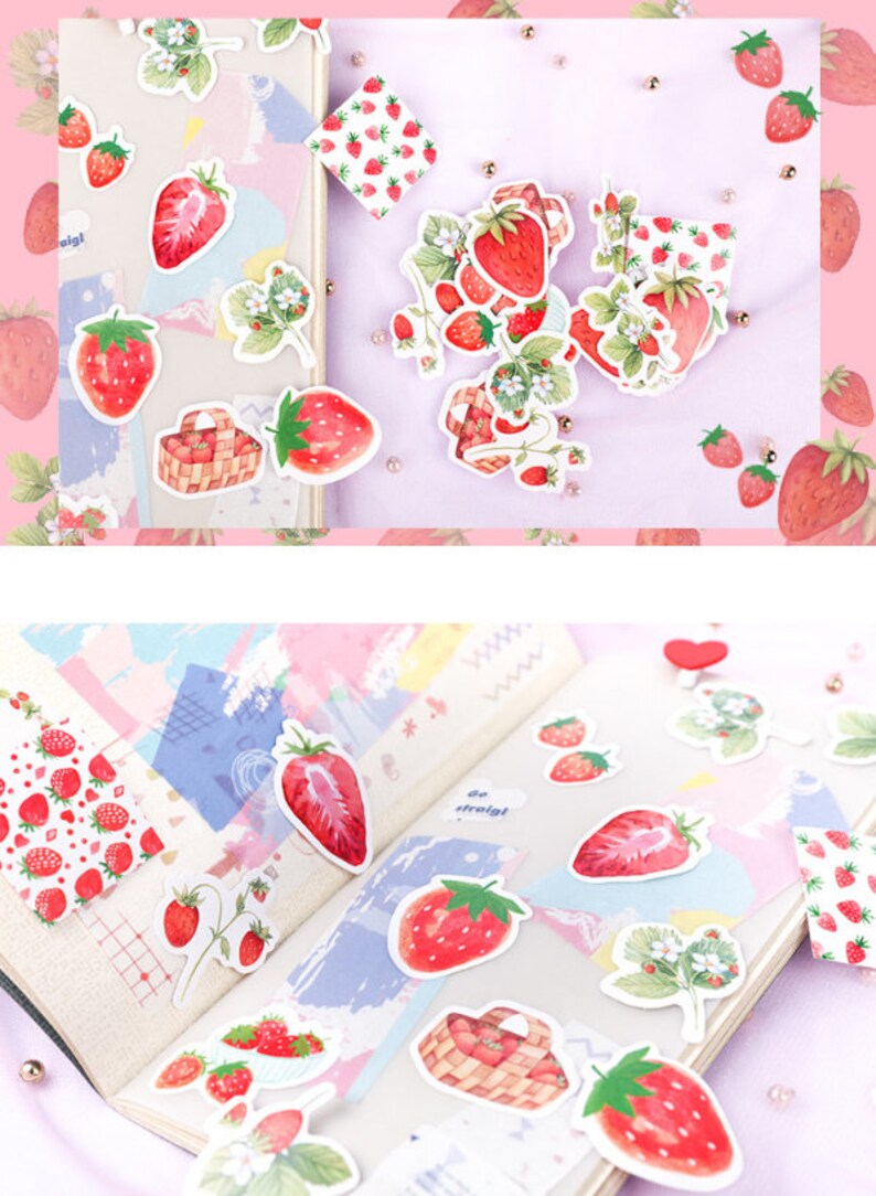 K&ouml;nnte beinhalten: Ein Bogen mit bunten Aufklebern mit Illustrationen von Erdbeeren in verschiedenen Posen, darunter ein Korb mit Erdbeeren, eine Erdbeerpflanze und einzelne Erdbeeren. Die Aufkleber sind perfekt, um Tageb&uuml;chern, Planern und anderen Bastelprojekten einen Hauch von Verspieltheit zu verleihen.