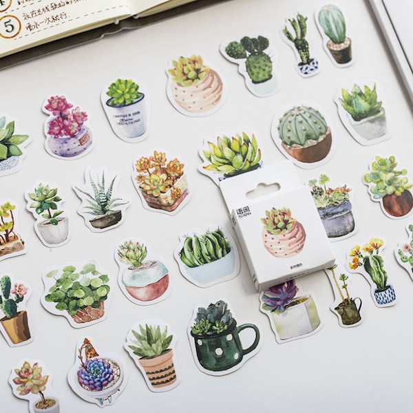 50 szt., naklejki sukulenty, naklejki roślinne, kaktusy, kwiaty, płatki naklejek, naklejki do planera, artykuły papiernicze kawaii, naklejki do albumu, urocze