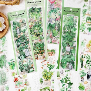 6 hojas, pegatinas de plantas, decoraciones de fresas, pegatinas de varias flores, pegatinas de PET, decoración de álbumes de fotos, pegatinas para álbumes de recortes