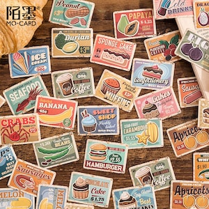 45 pcs, autocollants alimentaires, autocollants de style rétro, autocollants pour agenda, articles de papeterie kawaii, autocollants de scrapbooking, autocollants de journaux, lot d'autocollants
