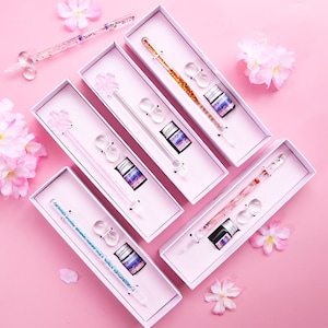 Transparenter Kirschblüten Glas Kalligraphie Pen Set, Sakura Geschenkbox Set, Dip Pen Set, Glasstift mit Tinte, Kristall Dip Pen, Treibsand in Öl