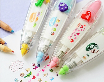 Deco Tape pen, Decorative Correction Tape, Stationary Tape, pen tape, marking pen, Cute Kawaii tape pen,crocodile, tumbler,heart,coffee