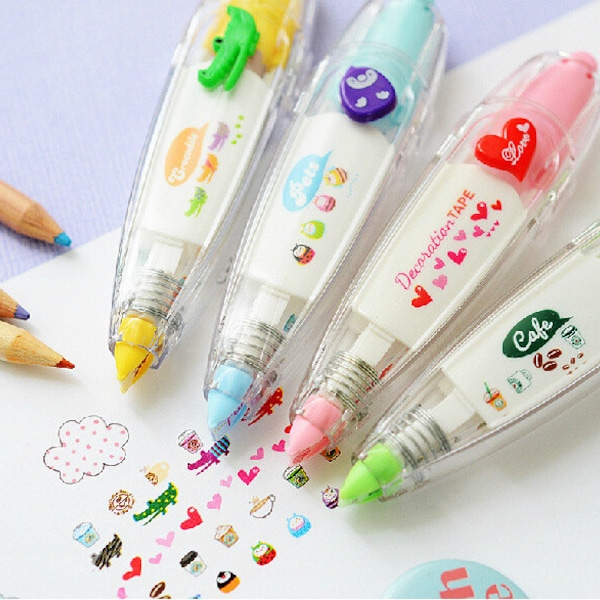 Deco Tape pen, Decorative Correction Tape, Stationary Tape, pen tape, marking pen, Cute Kawaii tape pen,crocodile, tumbler,heart,coffee