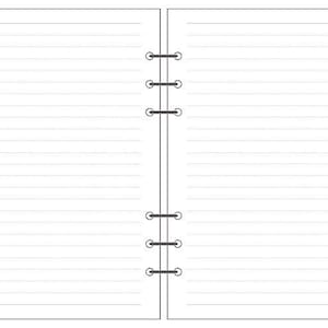 Op de afbeelding: Een leeg, gestreept notitieboek met een zwarte spiraalbinding. Het notitieboek is open op twee lege pagina's.