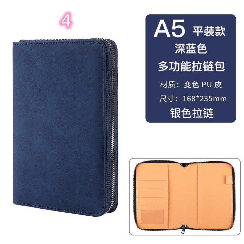 K&ouml;nnte beinhalten: Ein marineblaues A5-Rei&szlig;verschluss-Portfolio. Das geschlossene Portfolio ist links abgebildet, das offene Portfolio unten. Der Innenraum ist beige mit mehreren Taschen. Der Text lautet: "A5, tiefblau, multifunktionale Rei&szlig;verschlusstasche, PU-Leder, Gr&ouml;&szlig;e: 168*235mm, silberner Rei&szlig;verschluss."
