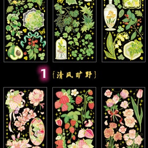 3 sheets, Gold Foil Stickers, strawberry decorations, various flowers stickers, PET stickers, photo album decoration, Scrapbook Sticker image 9