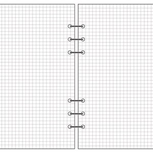 Op de afbeelding: Een blanco, wit, gegrild notitieboek met een zwarte spiraalbinding. Het notitieboek is open op twee blanco pagina's.