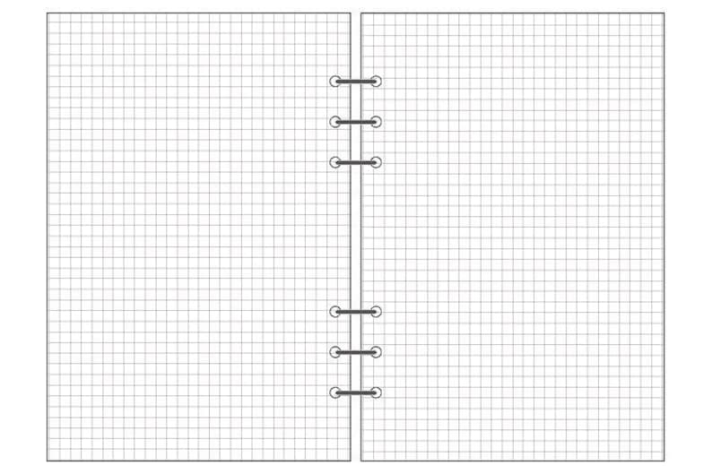Op de afbeelding: Een blanco, wit, gegrild notitieboek met een zwarte spiraalbinding. Het notitieboek is open op twee blanco pagina's.