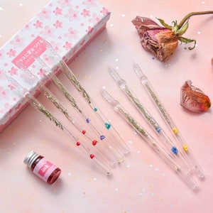 Conjunto de canetas de caligrafia de vidro com flores secas, conjunto de caixa de presente com canetas de vidro florais e tinta, presente para, conjunto de canetas de imersão de vidro, rosa, roxo, volta às aulas