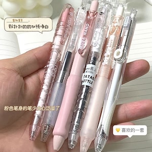 Juego de 6 bolígrafos retráctiles de gel, bolígrafos de planificador rosa, papelería kawaii, bolígrafos bonitos, 0,5 mm, útiles escolares, bolígrafos estéticos de gel negro.