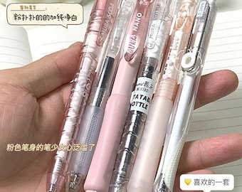 6pcs/Set, Retractable Gel Pen, Pink Planner Pens, kawaii stationary, cute pens, 0.5mm, back to school supplies, black gel pensaesthetic pens