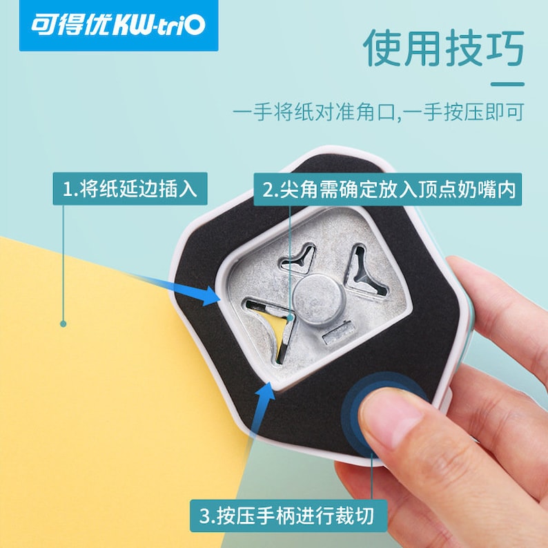 May include: A white and blue paper punch with a black foam pad. The punch is designed to create a triangle shape. The image shows the steps for using the punch, including inserting the paper, aligning the paper, and pressing the handle.