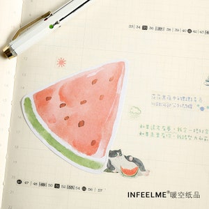 May include: A watercolor illustration of a slice of watermelon with a green rind and black seeds. A black cat with white markings is sitting next to the watermelon, looking at the viewer. The image is on a white background with a grid pattern.