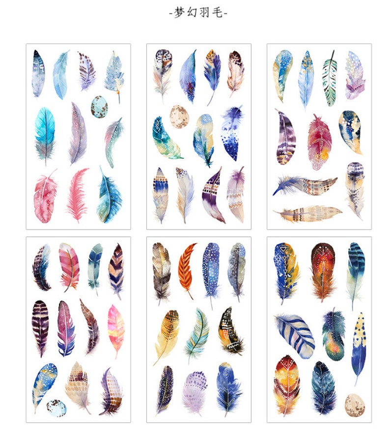 6 Sheets Feather Stickers Plume Sticker Colorful Stickers Etsy