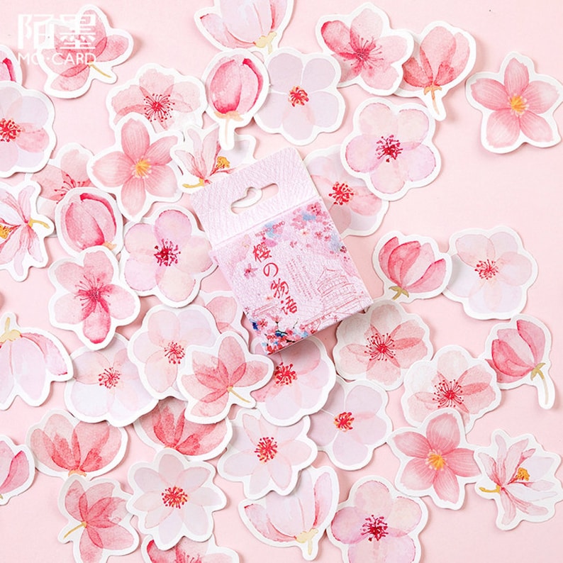 May include: A box of pink and white watercolor stickers featuring cherry blossoms. The box has Japanese text that reads "桜の季節".