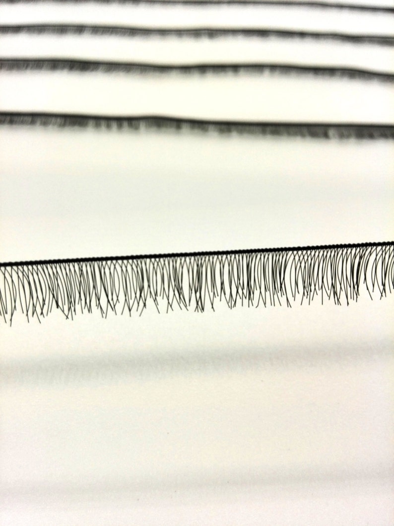 Op de afbeelding: Een close-up van een zwarte wimperstrip met een rij individuele wimpers. De wimpers zijn in een rechte lijn gerangschikt en gelijkmatig verdeeld.