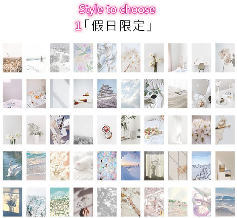 May include: A collage of 36 images featuring various white and pastel-coloured scenes, including flowers, clouds, and landscapes. The text "1 "1  " is visible at the top of the image.