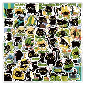 60 pcs, autocollants mignons de chat noir, animal, autocollants de valise, autocollant imperméable, autocollants de bagage, papeterie kawaii, ensemble d'autocollants de scrapbooking
