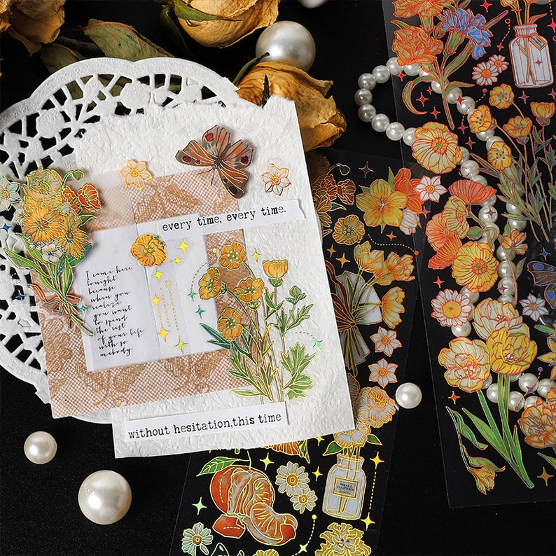 3 sheets, Gold Foil Stickers, strawberry decorations, various flowers stickers, PET stickers, photo album decoration, Scrapbook Sticker image 4