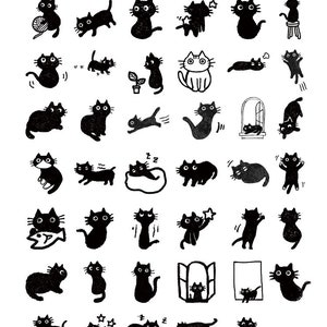 May include: A collection of black and white illustrations of cats in various poses. The illustrations are simple and charming, and they feature a variety of expressions and activities, such as sleeping, playing, and eating. The text "Inside pages show" is written in black at the top of the image.