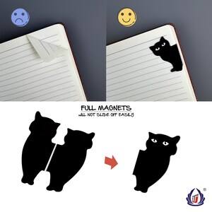 K&ouml;nnte beinhalten: Zwei schwarze Katzen-f&ouml;rmige magnetische Lesezeichen. Die Lesezeichen sind miteinander verbunden und k&ouml;nnen getrennt werden, um Seiten in einem Buch zu halten. Der Text "FULL MAGNETS will not slide off easily" ist unter den Lesezeichen gedruckt.