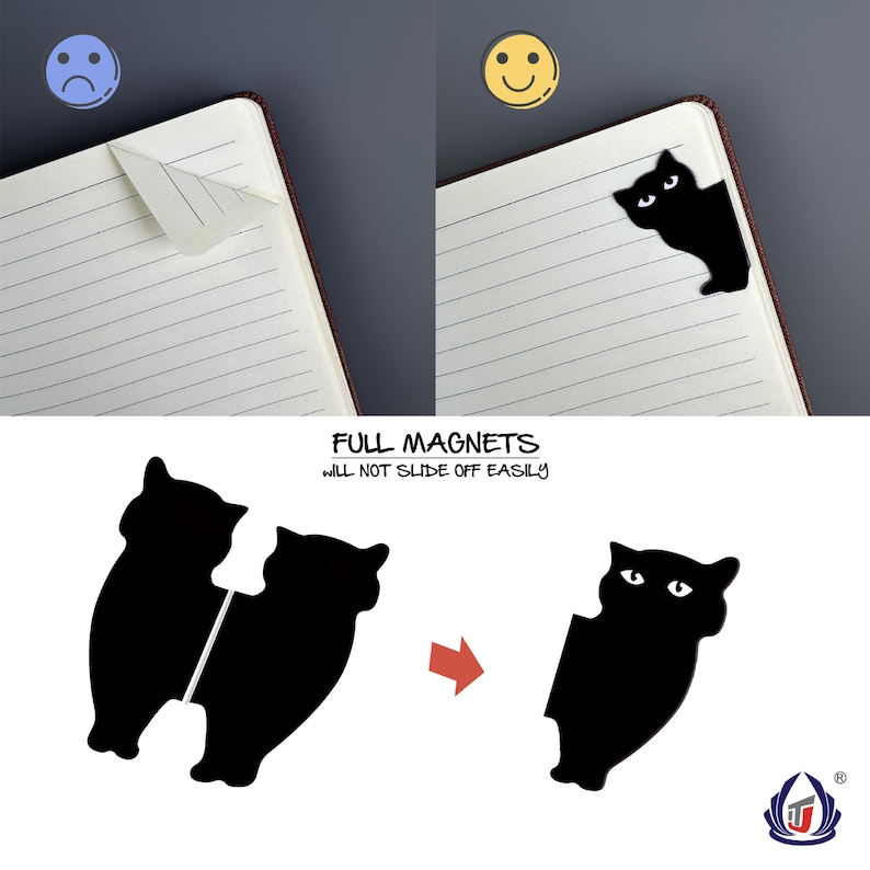 K&ouml;nnte beinhalten: Zwei schwarze Katzen-f&ouml;rmige magnetische Lesezeichen. Die Lesezeichen sind miteinander verbunden und k&ouml;nnen getrennt werden, um Seiten in einem Buch zu halten. Der Text "FULL MAGNETS will not slide off easily" ist unter den Lesezeichen gedruckt.