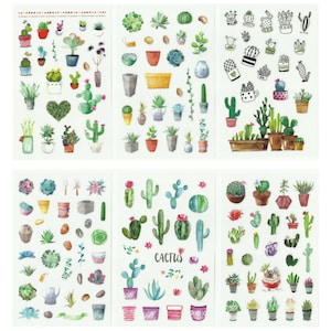 6 feuilles, sticker cactus, sticker plante, sticker agenda, accessoires pour agenda, mignon, kawaii, week-end, thèmes nature