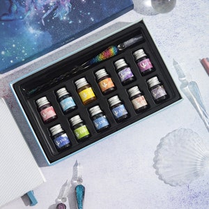 Conjunto de canetas de caligrafia em vidro com estrelas, conjunto de caixa de presente para canetas de vidro, presente para amigos, conjuntos de canetas de imersão em vidro, caneta de vidro com tinta, volta às aulas, colorida