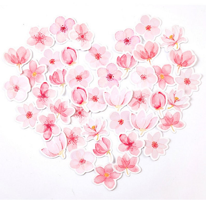 May include: A collection of pink watercolor flower stickers. The stickers feature various types of flowers, including cherry blossoms, roses, and lilies. The stickers are perfect for adding a touch of spring to your crafts, journals, and planners.