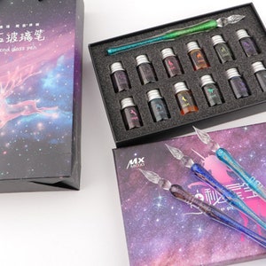 Conjunto de canetas de caligrafia de vidro grande com 12 tintas, conjunto de caixa de presente para canetas de vidro, presente para amigos, conjuntos de canetas de imersão de vidro, caneta de vidro com tinta, volta às aulas