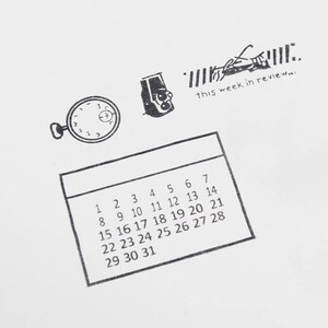 Pu&ograve; includere: Illustrazioni in bianco e nero di un orologio da tasca, una fotocamera e un calendario con date. &Egrave; presente anche il testo "this week in review...". Il calendario mostra i giorni del mese.