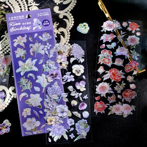 3 fogli, adesivi in lamina d&#39;oro, fiori, adesivi con vari fiori, adesivi in PET, decorazione per album fotografici, adesivi per album