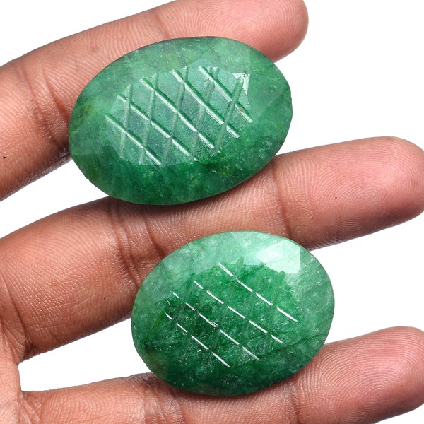 2 Pcs/194 Cts Natural Brazilian Emerald Moghul Hand Carved Huge Size Gemstons ~ 34mm-37mm