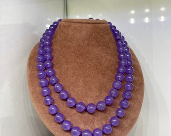 Natural 10mm 34inches in Length Lavender jade Round Beads gemstone necklace knotted in between beads