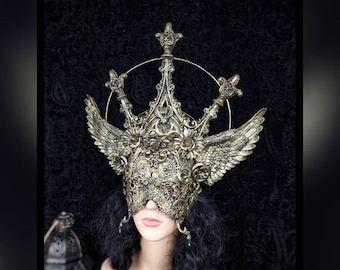Headpiece blind mask "Gargoyle" with wings, vampire gothic headpiece, cathedral headpiece, goth crown, religious, cosplay /MADE TO ORDER