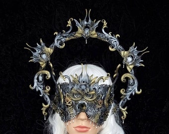 Set Halo & blind mask "Vampire Love" cosplay, larp, gothic, fetish, fantasy, witch, bat, crown, horror / Made to order