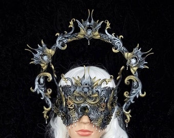 Set halo & blind mask "Vampire Love" cosplay, larp, gothic, fetish, fantasy, witch, bat, crown, horror / made to order