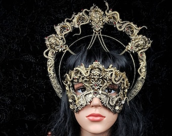 Set Medusa halo & blind mask, medusa costume, gothic headpiece, snakes halo, goth crown, cosplay, vikings, vodoo / Made to order