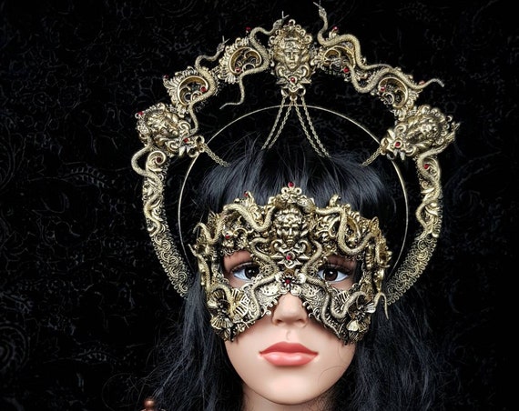 Set Medusa halo & blind mask, medusa costume, gothic headpiece, snakes halo, goth crown, cosplay, vikings, vodoo / Made to order