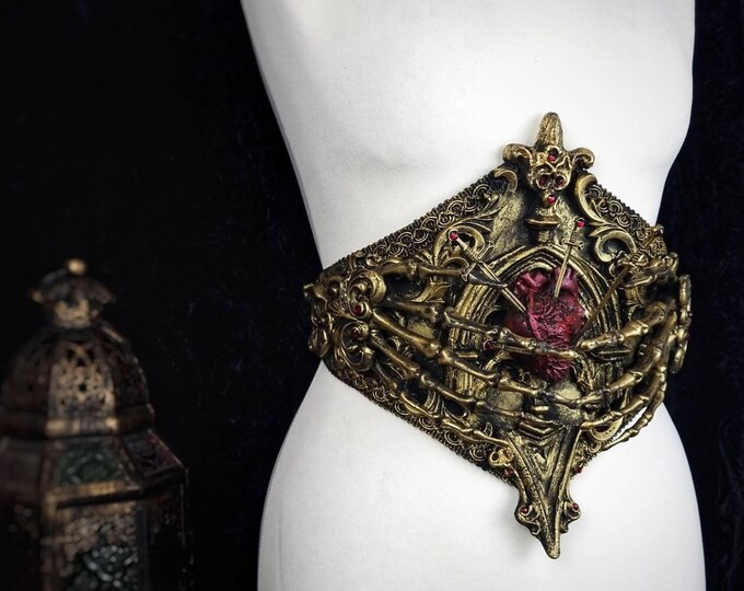 Featured listing image: Waist Armor, Corset "Cathedral Sacred Heart" skeleton hands, cosplay, fantasy, goth, vampire, belt, horror/ Made to order