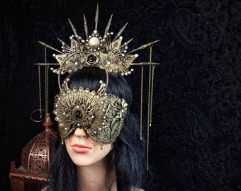 SET "The sun" Crown & Halo blind mask, fantasy costume, goth crown, gothic headpiece, medusa, larp, pagan, cosplay, viking / Made to order