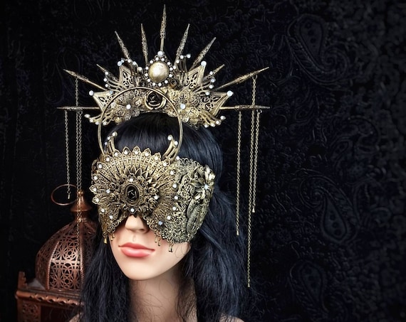 SET " The sun " Crown & Halo blind mask, fantasy costume, goth crown, gothic Headpiece, medusa, larp, pagan, cosplay, viking / Made to order