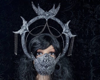 Set Holy Crow, halo headband & Jaw mask, gothic headpiece, gothic halo, holy crown, goth crown / Made to order