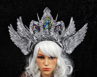Stained glass wings headpiece "Usiel", gothic headpiece, angel crown, goth crown, cathedral headpiece, cosplay, blind mask /MADE TO ORDER