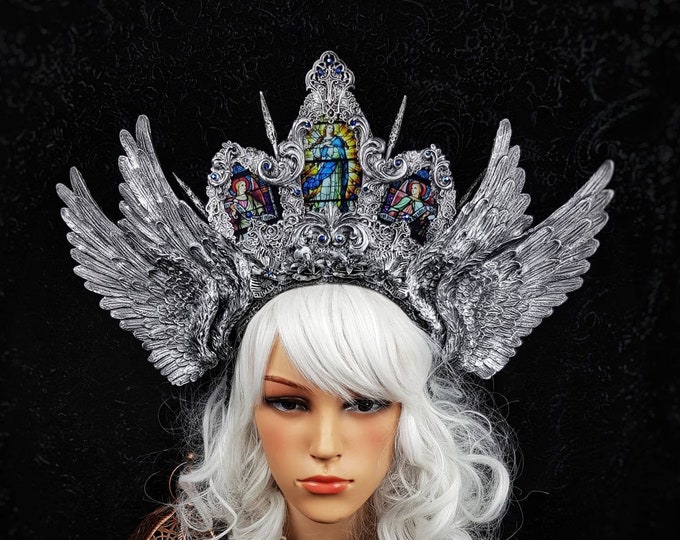 Featured listing image: Stained glass wings headpiece "Usiel", gothic headpiece, angel crown, goth crown, cathedral headpiece, cosplay, blind mask /MADE TO ORDER