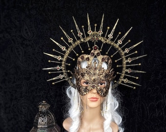 SET "Queen of heart"Halo & blind mask, cathedral mask, cosplay, larp, halo, Gothic, fantasy / Made to order