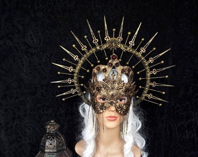 SET "Queen of heart" halo & blind mask, cathedral mask, cosplay, larp, halo, Gothic, fantasy / made to order