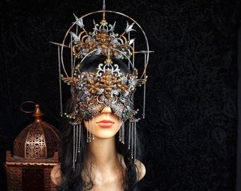 SET Art Nouveau Crown & Halo blind mask, fantasy costume, goth crown, gothic Headpiece, medusa, larp, pagan, cosplay, viking / Made to order
